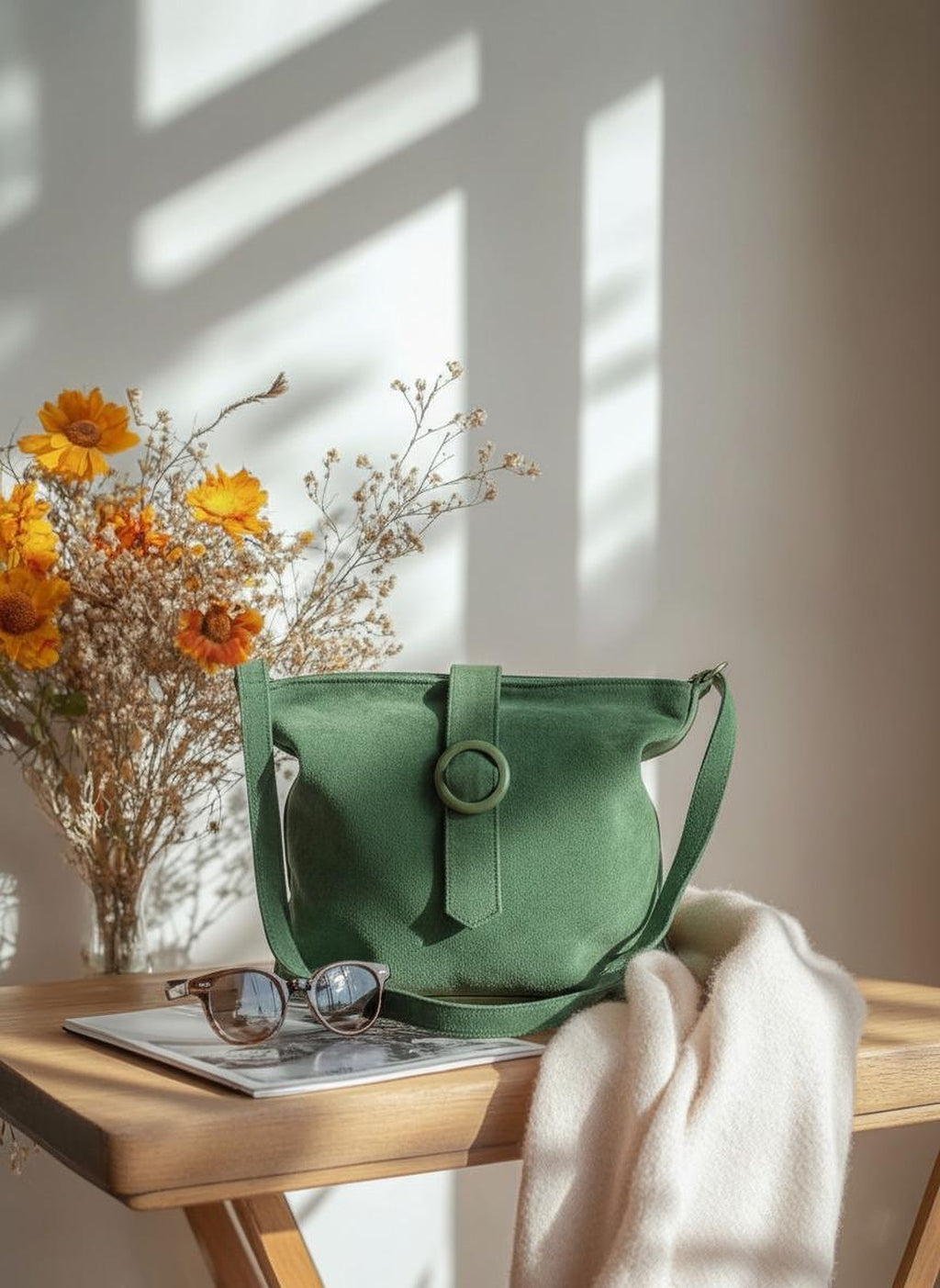 Green Suede Leather Shoulder Bag | Soft Premium Leather