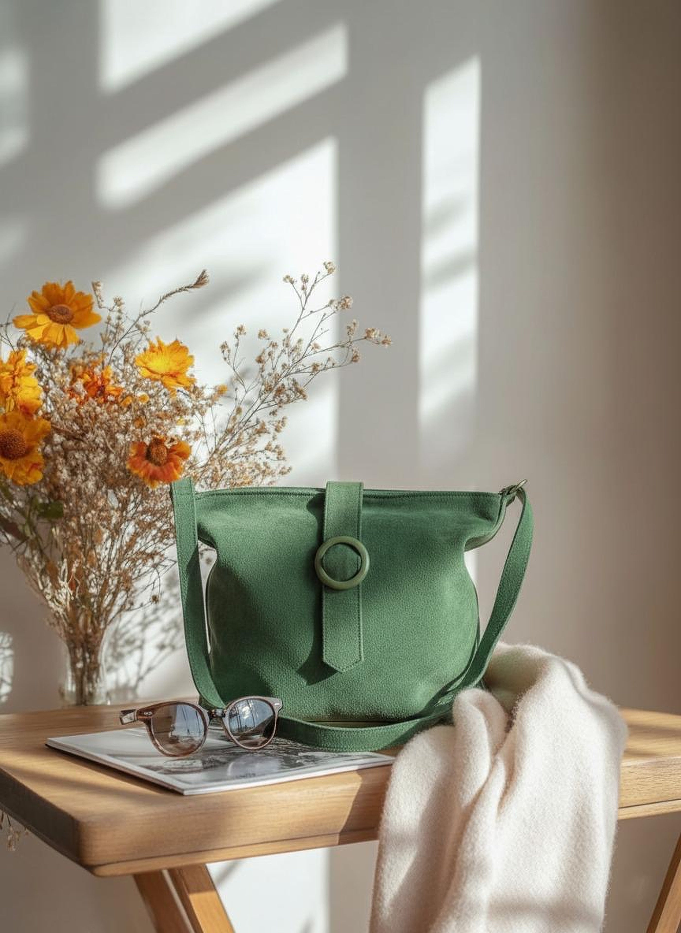 Green Suede Leather Shoulder Bag | Soft Premium Leather