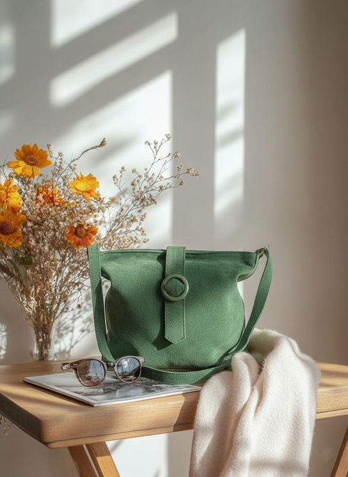 Green Suede Leather Shoulder Bag | Soft Premium Leather
